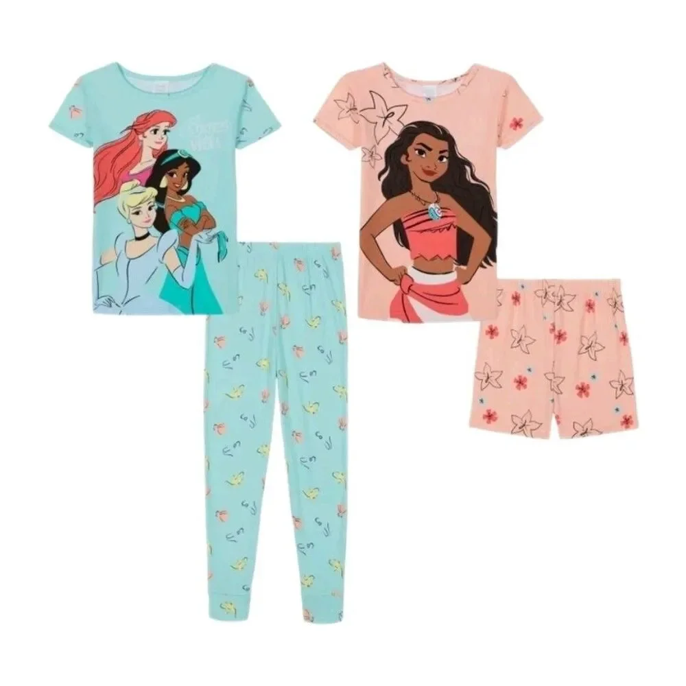 Disney Princess 4pc Pajama Set Cotton Glitter Accents Size 4T